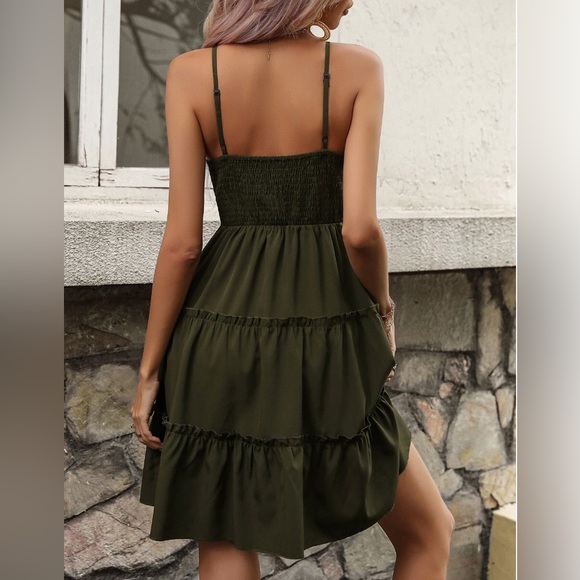 Army Green Contrast Lace Ruffle Hem Cami Dress - Picture 2 of 6